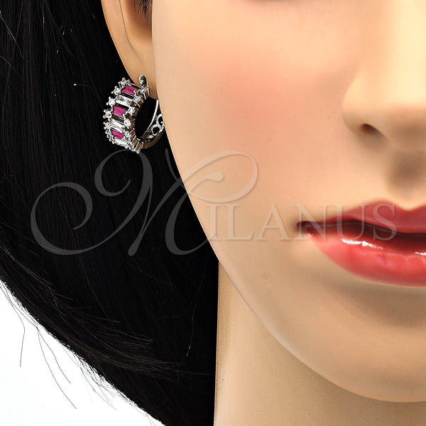 White Gold Filled Hoop Earrings — Huggie Hoop Baguette Design with Ruby and White — alternate product view — SKU 118756 | Oro Laminado Blanco aretes de aro — Huggie Hoop Baguette diseño with Ruby and blanco — SKU 118756