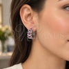 White Gold Filled Huggie Hoop, Baguette Design, with Ruby and White Cubic Zirconia, Polished, Rhodium Finish, 02.267.0006.6.20