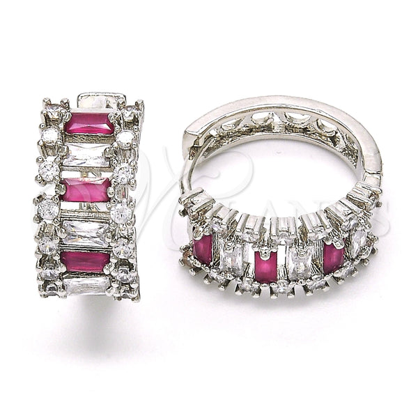 White Gold Filled Hoop Earrings — Huggie Hoop Baguette Design with Ruby and White — main product view — SKU 118756 | Oro Laminado Blanco aretes de aro — Huggie Hoop Baguette diseño with Ruby and blanco — SKU 118756