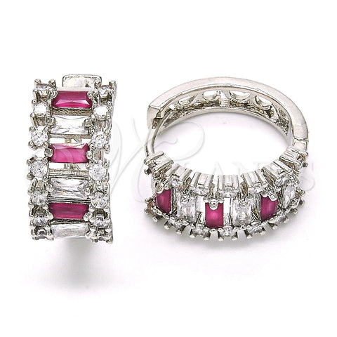 Rhodium Gold Filled Huggie Hoop, Baguette Design, with Ruby and White Cubic Zirconia, Polished, Rhodium Finish, 02.267.0006.6.20