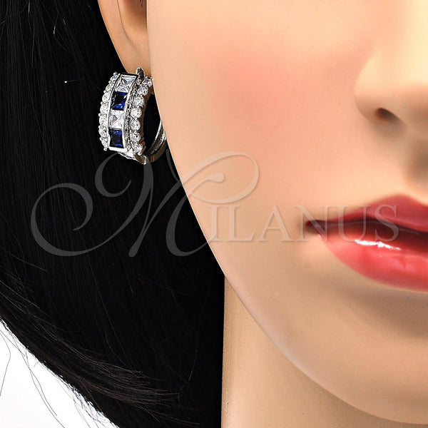 White Gold Filled Hoop Earrings — Huggie Hoop with Sapphire Blue and White Cubic — alternate product view — SKU 118763 | Oro Laminado Blanco aretes de aro — Huggie Hoop with Sapphire Blue and blanco Cubic — SKU 118763