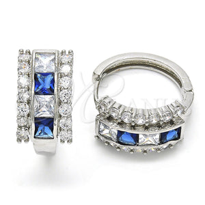 White Gold Filled Hoop Earrings — Huggie Hoop with Sapphire Blue and White Cubic — main product view — SKU 118763 | Oro Laminado Blanco aretes de aro — Huggie Hoop with Sapphire Blue and blanco Cubic — SKU 118763