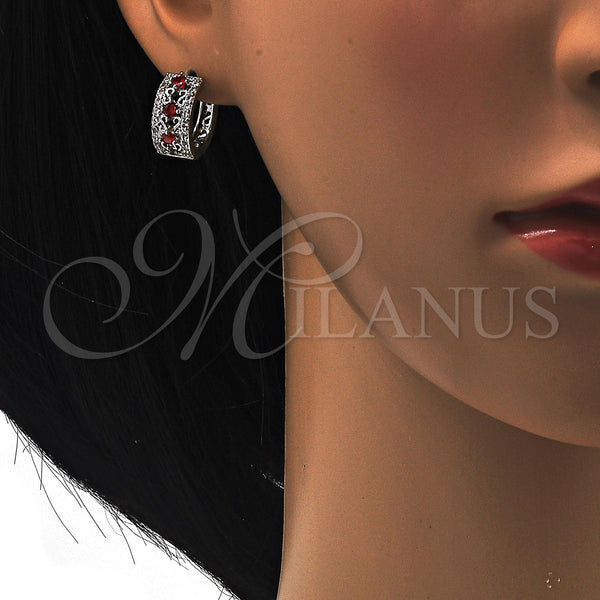 White Gold Filled Hoop Earrings — Huggie Hoop with Garnet and White Cubic Zirconia — alternate product view — SKU 118766 | Oro Laminado Blanco aretes de aro — Huggie Hoop with Garnet and blanco Cubic Zirconia — SKU 118766