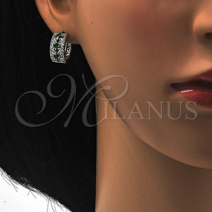 White Gold Filled Hoop Earrings — Huggie Hoop with Green and White Cubic Zirconia — alternate product view — SKU 118767 | Oro Laminado Blanco aretes de aro — Huggie Hoop with Green and blanco Cubic Zirconia — SKU 118767