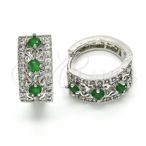 White Gold Filled Hoop Earrings — Huggie Hoop with Green and White Cubic Zirconia — main product view — SKU 118767 | Oro Laminado Blanco aretes de aro — Huggie Hoop with Green and blanco Cubic Zirconia — SKU 118767