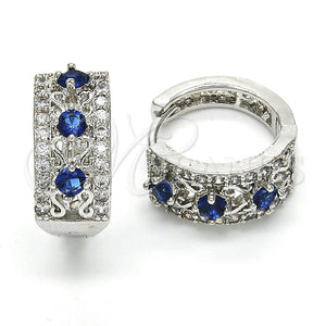 White Gold Filled Hoop Earrings — Huggie Hoop with Sapphire Blue and White Cubic — main product view — SKU 118769 | Oro Laminado Blanco aretes de aro — Huggie Hoop with Sapphire Blue and blanco Cubic — SKU 118769
