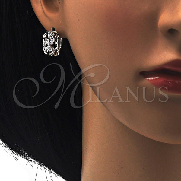 White Gold Filled Hoop Earrings — Huggie Hoop Flower Design with White Cubic Zirconia — alternate product view — SKU 118775 | Oro Laminado Blanco aretes de aro — Huggie Hoop flor diseño with blanco Cubic Zirconia — SKU 118775