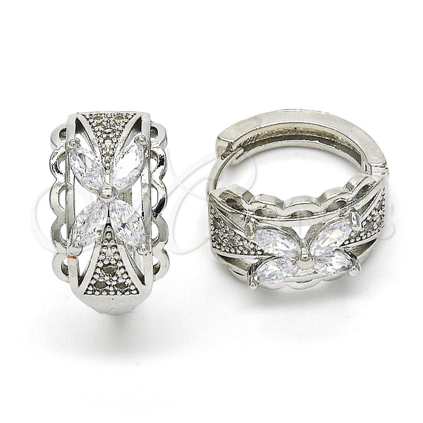 White Gold Filled Hoop Earrings — Huggie Hoop Flower Design with White Cubic Zirconia — main product view — SKU 118775 | Oro Laminado Blanco aretes de aro — Huggie Hoop flor diseño with blanco Cubic Zirconia — SKU 118775