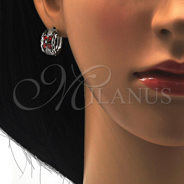 White Gold Filled Hoop Earrings — Huggie Hoop Flower Design with Garnet and White — alternate product view — SKU 118776 | Oro Laminado Blanco aretes de aro — Huggie Hoop flor diseño with Garnet and blanco — SKU 118776