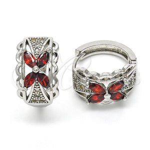 White Gold Filled Hoop Earrings — Huggie Hoop Flower Design with Garnet and White — main product view — SKU 118776 | Oro Laminado Blanco aretes de aro — Huggie Hoop flor diseño with Garnet and blanco — SKU 118776