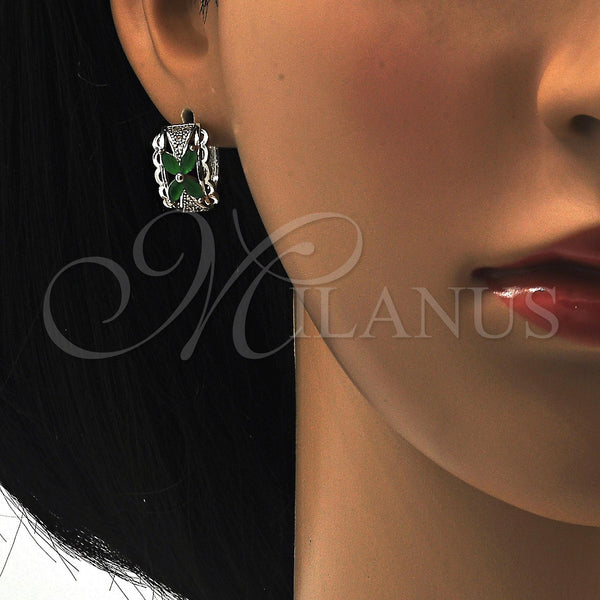 White Gold Filled Hoop Earrings — Huggie Hoop Flower Design with Green and White — alternate product view — SKU 118777 | Oro Laminado Blanco aretes de aro — Huggie Hoop flor diseño with Green and blanco — SKU 118777