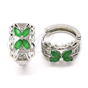 White Gold Filled Hoop Earrings — Huggie Hoop Flower Design with Green and White — main product view — SKU 118777 | Oro Laminado Blanco aretes de aro — Huggie Hoop flor diseño with Green and blanco — SKU 118777