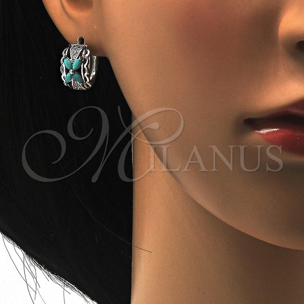 White Gold Filled Hoop Earrings — Huggie Hoop Flower Design with Aqua Blue and — alternate product view — SKU 118778 | Oro Laminado Blanco aretes de aro — Huggie Hoop flor diseño with Aqua Blue and — SKU 118778