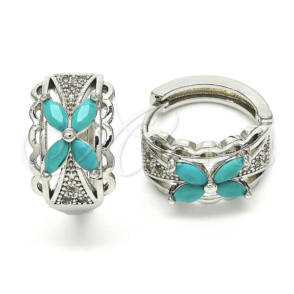 White Gold Filled Hoop Earrings — Huggie Hoop Flower Design with Aqua Blue and — main product view — SKU 118778 | Oro Laminado Blanco aretes de aro — Huggie Hoop flor diseño with Aqua Blue and — SKU 118778