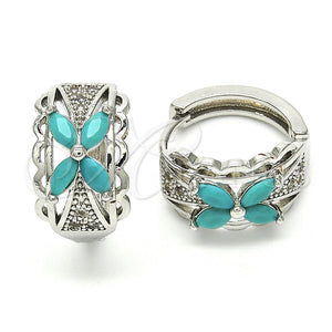 White Gold Filled Hoop Earrings — Huggie Hoop Flower Design with Aqua Blue and — main product view — SKU 118778 | Oro Laminado Blanco aretes de aro — Huggie Hoop flor diseño with Aqua Blue and — SKU 118778