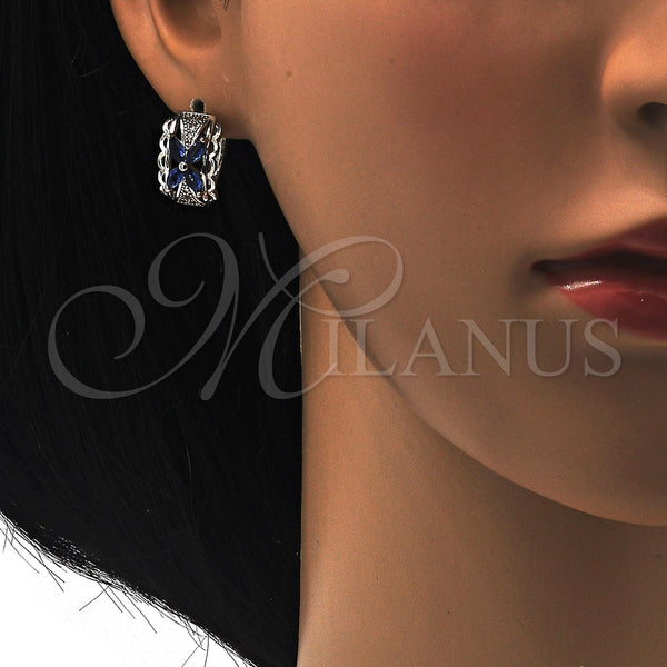 White Gold Filled Hoop Earrings — Huggie Hoop Flower Design with Sapphire Blue and — alternate product view — SKU 118779 | Oro Laminado Blanco aretes de aro — Huggie Hoop flor diseño with Sapphire Blue and — SKU 118779