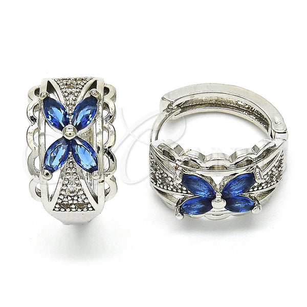 Rhodium Plated Huggie Hoop, Flower Design, with Sapphire Blue and White Cubic Zirconia, Polished, Rhodium Finish, 02.210.0087.11.15