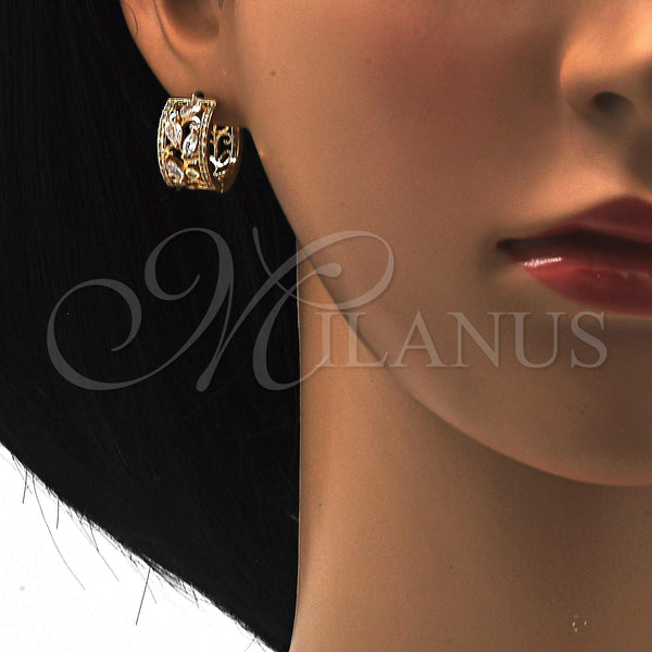 Gold Filled Hoop Earrings — Huggie Hoop Leaf and Teardrop Design with White — alternate product view — SKU 118780 | Oro Laminado aretes de aro — Huggie Hoop Leaf and Teardrop diseño with blanco — SKU 118780