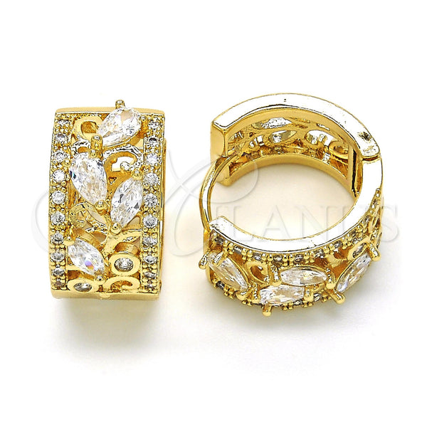 Gold Filled Hoop Earrings — Huggie Hoop Leaf and Teardrop Design with White — main product view — SKU 118780 | Oro Laminado aretes de aro — Huggie Hoop Leaf and Teardrop diseño with blanco — SKU 118780