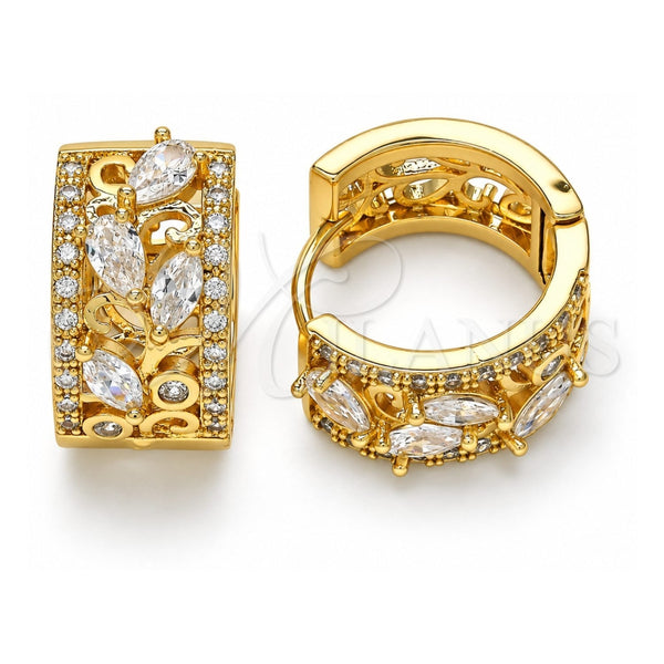 Oro Laminado Huggie Hoop, Gold Filled Style Leaf and Teardrop Design, with White Cubic Zirconia, Polished, Golden Finish, 02.210.0090.15