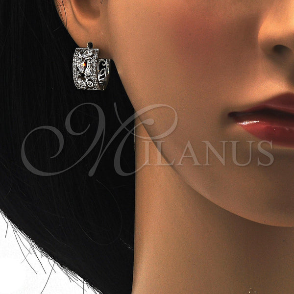 White Gold Filled Hoop Earrings — Huggie Hoop Teardrop and Leaf Design with White — alternate product view — SKU 118787 | Oro Laminado Blanco aretes de aro — Huggie Hoop Teardrop and Leaf diseño with blanco — SKU 118787