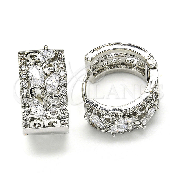 White Gold Filled Hoop Earrings — Huggie Hoop Teardrop and Leaf Design with White — main product view — SKU 118787 | Oro Laminado Blanco aretes de aro — Huggie Hoop Teardrop and Leaf diseño with blanco — SKU 118787