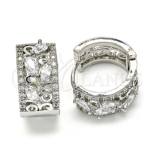 White Gold Filled Hoop Earrings — Huggie Hoop Teardrop and Leaf Design with White — main product view — SKU 118787 | Oro Laminado Blanco aretes de aro — Huggie Hoop Teardrop and Leaf diseño with blanco — SKU 118787