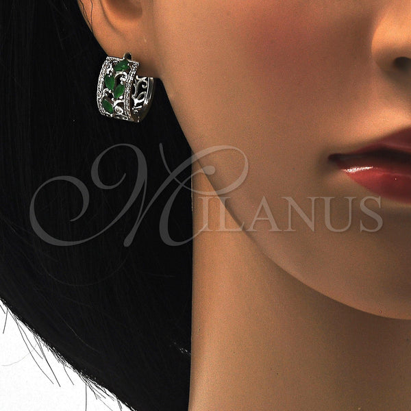 White Gold Filled Hoop Earrings — Huggie Hoop Teardrop and Leaf Design with Green — alternate product view — SKU 118788 | Oro Laminado Blanco aretes de aro — Huggie Hoop Teardrop and Leaf diseño with Green — SKU 118788