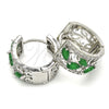 Rhodium Gold Filled Huggie Hoop, Teardrop and Leaf Design, with Green and White Cubic Zirconia, Polished, Rhodium Finish, 02.210.0090.9.15