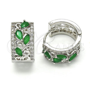 White Gold Filled Hoop Earrings — Huggie Hoop Teardrop and Leaf Design with Green — main product view — SKU 118788 | Oro Laminado Blanco aretes de aro — Huggie Hoop Teardrop and Leaf diseño with Green — SKU 118788