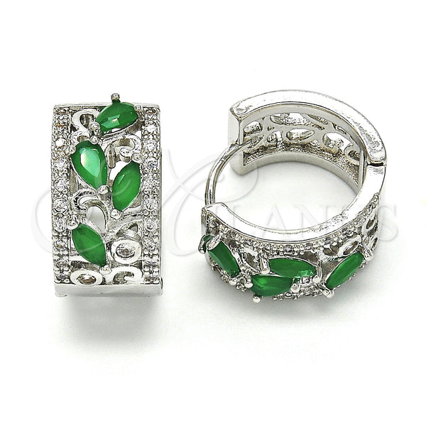 White Gold Filled Hoop Earrings — Huggie Hoop Teardrop and Leaf Design with Green — main product view — SKU 118788 | Oro Laminado Blanco aretes de aro — Huggie Hoop Teardrop and Leaf diseño with Green — SKU 118788