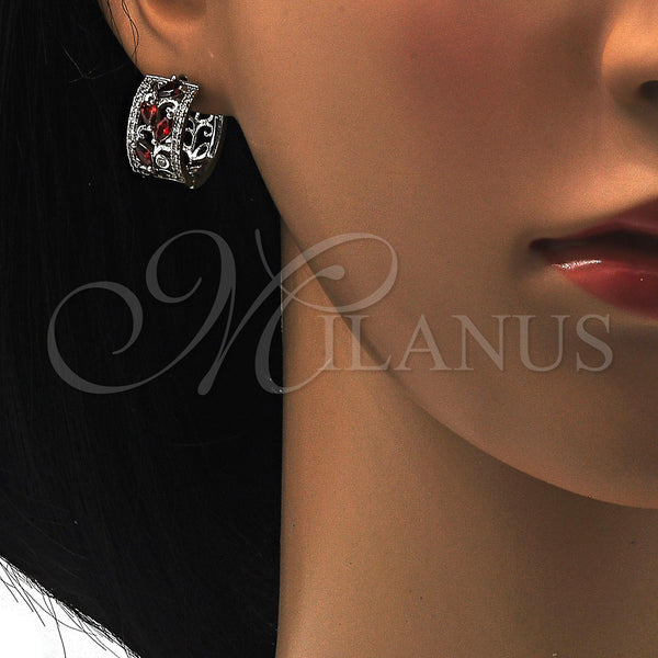 White Gold Filled Hoop Earrings — Huggie Hoop Teardrop and Leaf Design with Garnet — alternate product view — SKU 118789 | Oro Laminado Blanco aretes de aro — Huggie Hoop Teardrop and Leaf diseño with Garnet — SKU 118789
