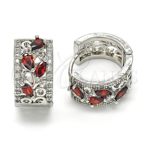 White Gold Filled Hoop Earrings — Huggie Hoop Teardrop and Leaf Design with Garnet — main product view — SKU 118789 | Oro Laminado Blanco aretes de aro — Huggie Hoop Teardrop and Leaf diseño with Garnet — SKU 118789