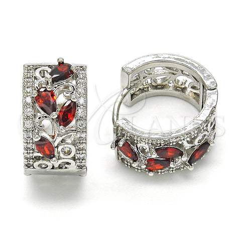 Rhodium Gold Filled Huggie Hoop, Teardrop and Leaf Design, with Garnet and White Cubic Zirconia, Polished, Rhodium Finish, 02.210.0090.8.15