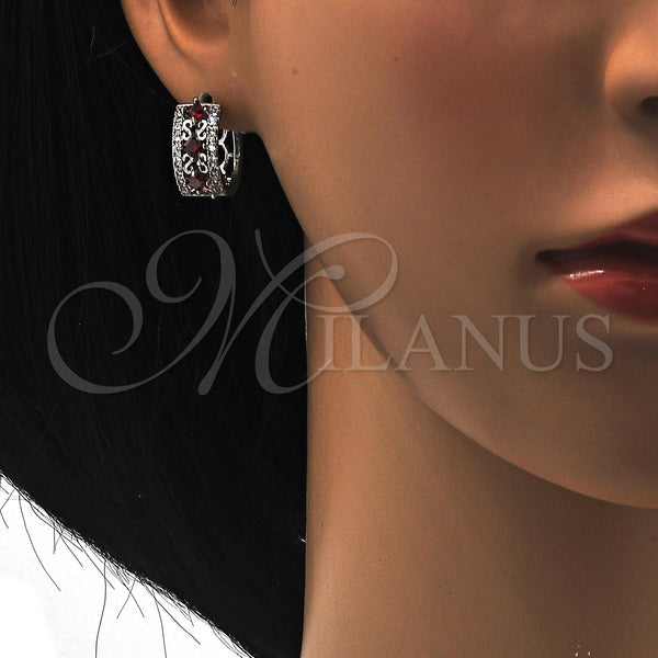 White Gold Filled Hoop Earrings — Huggie Hoop with Garnet and White Cubic Zirconia — alternate product view — SKU 118793 | Oro Laminado Blanco aretes de aro — Huggie Hoop with Garnet and blanco Cubic Zirconia — SKU 118793