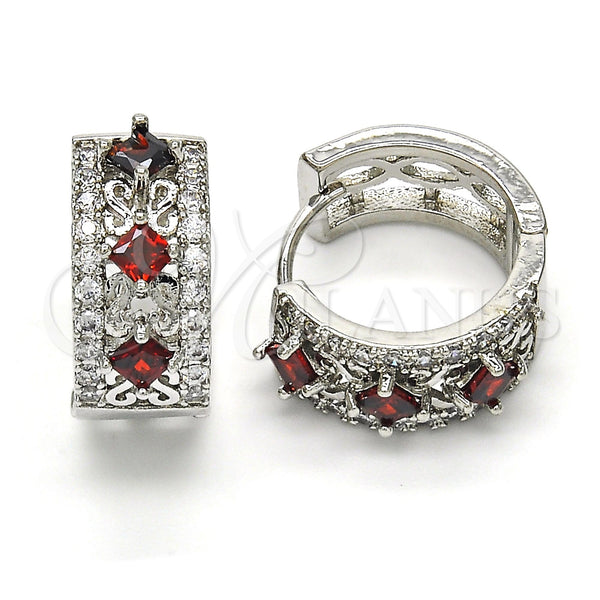 White Gold Filled Hoop Earrings — Huggie Hoop with Garnet and White Cubic Zirconia — main product view — SKU 118793 | Oro Laminado Blanco aretes de aro — Huggie Hoop with Garnet and blanco Cubic Zirconia — SKU 118793