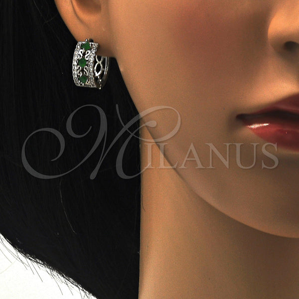 White Gold Filled Hoop Earrings — Huggie Hoop with Green and White Cubic Zirconia — alternate product view — SKU 118794 | Oro Laminado Blanco aretes de aro — Huggie Hoop with Green and blanco Cubic Zirconia — SKU 118794