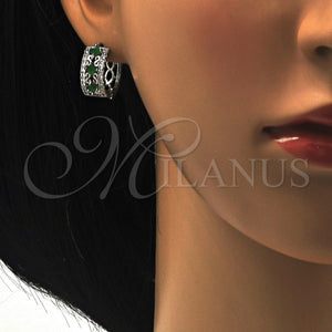 White Gold Filled Hoop Earrings — Huggie Hoop with Green and White Cubic Zirconia — alternate product view — SKU 118794 | Oro Laminado Blanco aretes de aro — Huggie Hoop with Green and blanco Cubic Zirconia — SKU 118794