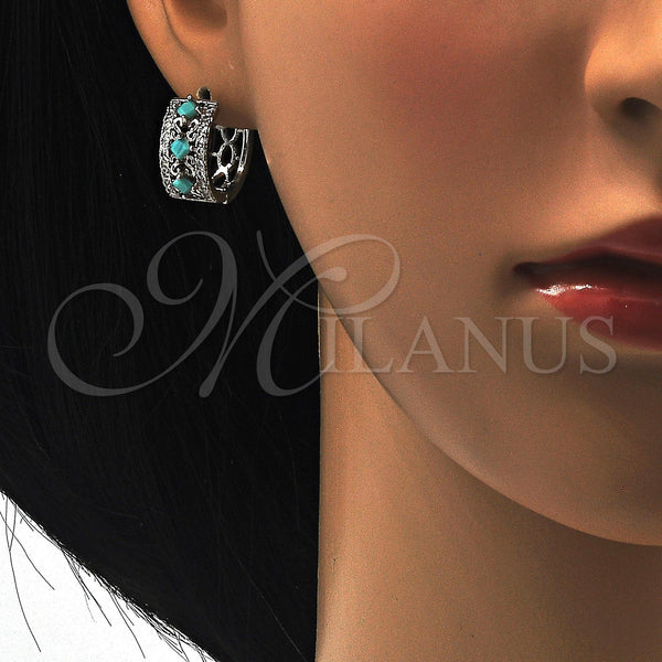 White Gold Filled Hoop Earrings — Huggie Hoop with Turquoise and White Cubic Zirconia — alternate product view — SKU 118795 | Oro Laminado Blanco aretes de aro — Huggie Hoop with Turquoise and blanco Cubic Zirconia — SKU 118795