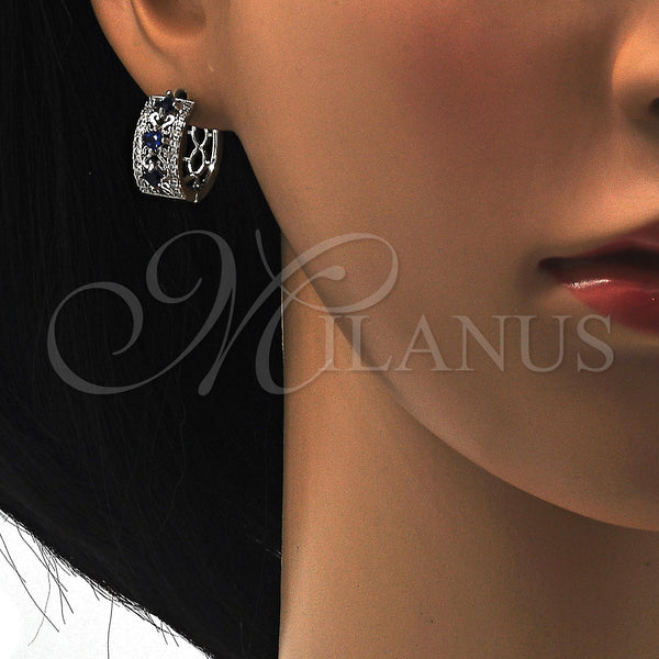 White Gold Filled Hoop Earrings — Huggie Hoop with Sapphire Blue and White Cubic — alternate product view — SKU 118796 | Oro Laminado Blanco aretes de aro — Huggie Hoop with Sapphire Blue and blanco Cubic — SKU 118796
