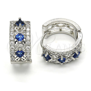 White Gold Filled Hoop Earrings — Huggie Hoop with Sapphire Blue and White Cubic — main product view — SKU 118796 | Oro Laminado Blanco aretes de aro — Huggie Hoop with Sapphire Blue and blanco Cubic — SKU 118796