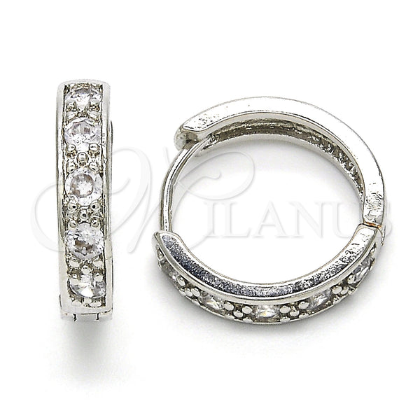 White Gold Filled Hoop Earrings — Huggie Hoop with White Cubic Zirconia Polished 02. — main product view — SKU 118823 | Oro Laminado Blanco aretes de aro — Huggie Hoop with blanco Cubic Zirconia pulido 02. — SKU 118823