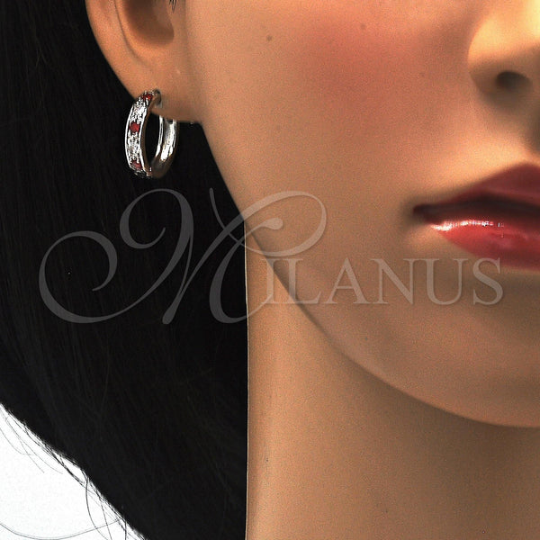 White Gold Filled Hoop Earrings — Huggie Hoop with Garnet and White Cubic Zirconia — alternate product view — SKU 118824 | Oro Laminado Blanco aretes de aro — Huggie Hoop with Garnet and blanco Cubic Zirconia — SKU 118824