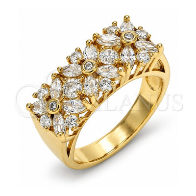 Oro Laminado Multi Stone Ring, Gold Filled Style Flower Design, with White Cubic Zirconia, Polished, Golden Finish, 01.210.0061.07 (Size 7)