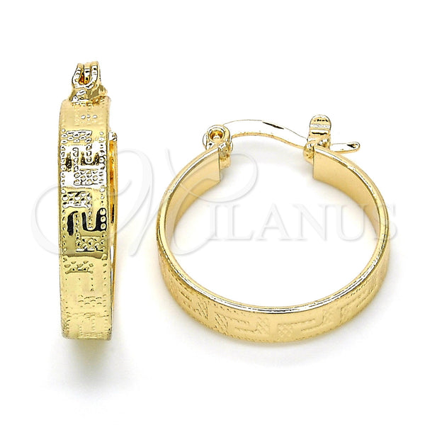 Gold Filled Hoop Earrings — Small Hoop Greek Key Design Polished 02. — main product view — SKU 118839 | Oro Laminado aretes de aro — Small Hoop Greek Key diseño pulido 02. — SKU 118839