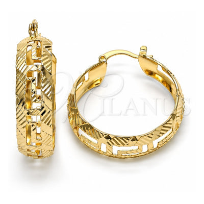 Oro Laminado Medium Hoop, Gold Filled Style Greek Key Design, Diamond Cutting Finish, Golden Finish, 02.261.0020.30