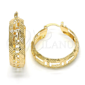 Gold Filled Hoop Earrings — Medium Hoop Greek Key Design Diamond Cutting 02. — main product view — SKU 118847 | Oro Laminado aretes de aro — Medium Hoop Greek Key diseño Diamond Cutting 02. — SKU 118847