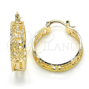 Gold Filled Hoop Earrings — Small Hoop Greek Key Design Diamond Cutting 02. — main product view — SKU 118859 | Oro Laminado aretes de aro — Small Hoop Greek Key diseño Diamond Cutting 02. — SKU 118859