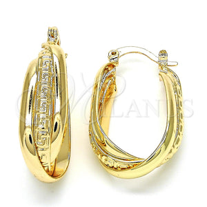 Gold Filled Hoop Earrings — Small Hoop Greek Key Design Polished 02. — main product view — SKU 118875 | Oro Laminado aretes de aro — Small Hoop Greek Key diseño pulido 02. — SKU 118875