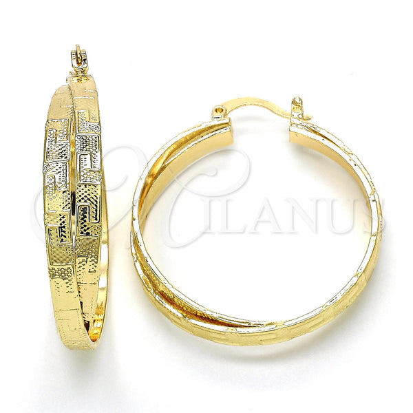 Gold Filled Hoop Earrings — Medium Hoop Greek Key Design Polished 02. — main product view — SKU 118881 | Oro Laminado aretes de aro — Medium Hoop Greek Key diseño pulido 02. — SKU 118881